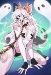 anthro black_body black_fur blue_eyes breasts chain collar ear_piercing fangs female fur hair heart_symbol horn kneeling looking_at_viewer medium_breasts multicolored_body multicolored_fur pasties piercing pink_nose smile solo string_panties teeth tongue tongue_out white_body white_fur white_hair wolf_tail cepto_(artist) ghost spirit unknown_species hi_res