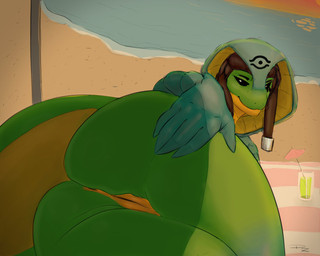 anthro anus beach black_sclera brown_hair butt butt_grab dazed female genitals green_body green_scales hair hand_on_butt looking_at_viewer lying nude nude_beach on_side outside rear_view sand scales sea seaside smile solo sunset vulva water white_eyes dazed_(artist) cobra crocodilian hybrid reptile scalie snake 5:4 hi_res