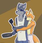 anthro apron blush clothed clothing duo food hug male male/male romantic romantic_couple simple_background standing underwear frostclaw nintendo star_fox fox_mccloud wolf_o'donnell canid canine canis fox mammal wolf