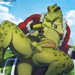 2024 anthro anus balls bottomless butt christmas clothed clothing crocodile crocodilian crocodylid day foreskin frenum_ladder frenum_piercing genital_piercing genitals green_body green_scales grin holidays humanoid_genitalia humanoid_penis krom_(rimba_racer) ladder_piercing male mistletoe_on_penis musclegut muscular muscular_anthro muscular_male nipple_piercing nipple_ring nipples non-mammal_nipples oral_request outside partially_clothed penis penis_piercing perineum piercing presenting presenting_hindquarters reptile rimba_racer ring_piercing scales scalie sky slightly_chubby slightly_chubby_male smile solo vhkansfweer