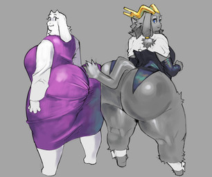 anthro antlers ass_to_ass big_breasts big_butt blue_eyes bottomless bottomless_anthro bottomless_female breasts butt clothed clothing duo female female/female floppy_ears fur grey_body grey_fur horn huge_butt huge_thighs hyper hyper_butt long_ears looking_at_viewer looking_back looking_back_at_viewer mature_female presenting presenting_hindquarters purple_clothing purple_robe robe take_your_pick thick_thighs tight_clothing white_body white_fur quattrant pseudoregalia undertale_(series) sybil_(pseudoregalia) toriel bovid caprine goat hybrid jackalope lagomorph mammal crossover hi_res