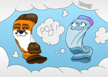 anthro blue_body blue_eyes brown_body clothing clothing_transformation cloud duo female footwear fur legwear male orange_body orange_fur simple_background sock_fetish sock_transformation socks transformation tonzono animate_inanimate canid canine fox living_sock mammal red_fox true_fox digital_media_(artwork) hi_res