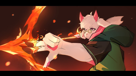 2_horns 5_fingers action_pose action_scene aiming aiming_weapon anthro arrow_(weapon) bangs black_border border bow_(weapon) claws clothed clothed_anthro clothed_male clothing countershading elemental_manipulation embers eyebrows eyelashes eyewear fingers fire fire_arrow fire_manipulation floppy_ears fully_clothed fully_clothed_anthro fully_clothed_male fur glasses green_clothing green_topwear hair hood horn male male_anthro pawpads pink_horn pose raised_arm ranged_weapon robe round_glasses scarf serious serious_face snout solo stylized topwear weapon wearing_glasses white_body white_fur white_hair surge09 deltarune jujutsu_kaisen undertale_(series) ralsei bovid caprine goat mammal 2026 absurd_res colored detailed digital_drawing_(artwork) digital_media_(artwork) half-length_portrait hi_res portrait shaded