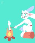 ambiguous_gender anthro blood bodily_fluids campfire chest_tuft fire fur gesture hand_gesture log middle_finger sitting solo tuft white_body white_fur wood hydrabb lagomorph leporid mammal rabbit absurd_res digital_media_(artwork) hi_res lineless