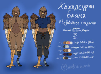 amputee anthro avian_feet beak biped bottomwear brown_body brown_feathers bullet_wound claws clothed clothing crop_top disability eye_patch eye_scar eyewear facial_scar feathered_wings feathers feet female hook hook_hand missing_eye missing_hand missing_leg mongolian navel nude prosthetic prosthetic_leg prosthetic_limb running_blade scar shirt simple_background solo standing tail tail_feathers talons text toes topwear torn_clothing wings conditional_dnp midtierburrito bayarma_(midtierburrito) accipitrid accipitriform avian bird eagle golden_eagle true_eagle digital_media_(artwork) hi_res model_sheet mongolian_text