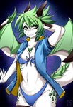 anthro clothing female green_eyes green_hair hair horn scales smile solo swimwear tail white_body wings moonfluffmf mythology vilosa dragon mythological_creature mythological_scalie scalie hi_res