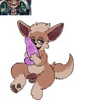 anthro balls blue_eyes dildo flaccid genitals holding_object holding_sex_toy male pawpads penis sex_toy simple_background sitting solo white_background pawfunk_(artist) mobile_legends chip_(mlbb) canid canine fennec_fox fox mammal true_fox