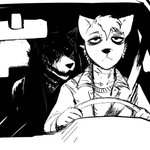 1:1 anthro black_and_white black_eyes blood bodily_fluids canid canine canis car carol_(hladilnik) clothing daniel_(hladilnik) domestic_dog driving female hi_res hladilnik inside_car inside_vehicle male mammal monochrome pupils scary vehicle white_pupils wolf