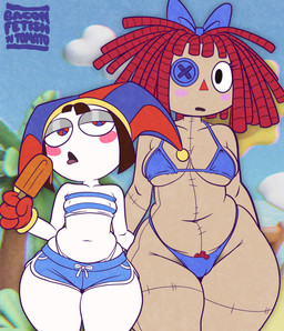 accessory bikini black_eyes blue_bikini blue_bow blue_clothing blue_eyes blue_swimwear bottomwear bow_ribbon bra brown_hair clothing curvy_figure detailed_background doll duo female female/female female_human female_humanoid food glitch hair hair_accessory hair_bow hair_ribbon holding_food holding_object holding_popsicle hotpants jester looking_at_viewer nipple_outline pattern_bra pattern_clothing pattern_topwear pattern_underwear popsicle pubes rag_doll_(toy) red_eyes red_hair ribbons seam_(sewing) shorts slightly_chubby slightly_chubby_female striped_bra striped_clothing striped_topwear striped_underwear stripes swimwear thick_thighs tongue tongue_out topwear two-piece_swimsuit underwear voluptuous voluptuous_female wide_hipped_female wide_hips baconfetish'ntomato glitch_productions the_amazing_digital_circus pomni_(tadc) ragatha_(tadc) animate_inanimate human humanoid living_doll living_toy mammal absurd_res hi_res