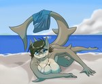 anthro beach blue_eyes breasts brown_body brown_hair clothing cloud day female grey_nipples hair implied_transformation looking_at_viewer membrane_(anatomy) nipples outside seaside sharp_teeth smile solo swimming_trunks swimwear teeth water webbed_hands oter fish marine shark 2014