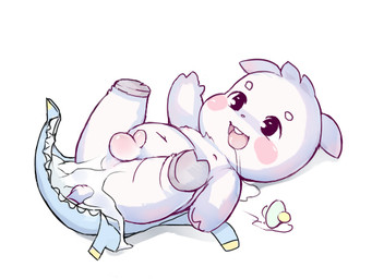 after_sex anthro balls blush bodily_fluids butt clothing cum cum_in_ass cum_in_diaper cum_inside cum_on_butt diaper drooling excessive_cum excessive_genital_fluids fur genital_fluids genitals hooves male messy neonate open_diaper open_mouth pacifier penis saliva shota simple_background solo tongue unclean_diaper white_background young young_anthro churoe bovid caprine goat mammal