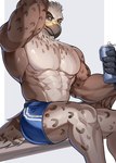 abs anthro big_chest bottomwear clothing feathers gloves green_eyes handwear looking_at_viewer male mostly_nude muscular muscular_male pecs shorts solo chung0_0 avian hi_res