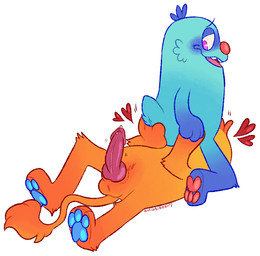 animal_genitalia animal_penis anthro blue_body blue_fur blue_pawpads blush canine_genitalia canine_penis duo erection facesitting fur genitals knot male male/male orange_body orange_fur pawpads paws penis red_nose sitting_on_another conditional_dnp sleepweed bugsnax young_horses chester_chullabaloo_(sirtoasterbutt) fan_character filbo_fiddlepie grumpus hi_res