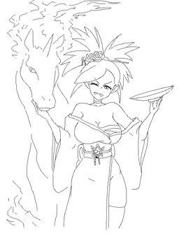accessory ambiguous_gender anthro asian_clothing bare_shoulders breasts calligraphy choker cleavage clothed clothing duo east_asian_clothing female feral flower flower_in_hair food gym_leader hair hair_accessory holidays japanese_clothing jewelry kimono legwear necklace obi off_shoulder one_eye_closed plant plate smile text thigh_highs wink waagh new_year nintendo pokemon flannery_(pokemon) equid equine generation_1_pokemon human mammal pokemon_(species) rapidash 2026 japanese_text line_art monochrome
