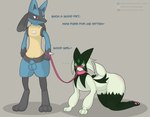 all_fours ambiguous_gender animal_genitalia anthro balls bdsm blush body_blush butt butt_blush collar dialogue digitigrade embarrassed genitals good_girl holding_leash holding_object humiliation leash male mask pawpads paws pet_praise petplay praise roleplay sheath simple_background spikes spikes_(anatomy) submissive tail onesaucydragon nintendo pokemon generation_4_pokemon generation_9_pokemon lucario meowscarada pokemon_(species) absurd_res hi_res