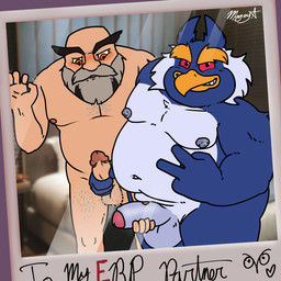 age_difference anthro balls blurred_background blush body_hair chest_hair circumcised duo erect_nipples eyebrows foreskin genitals gesture grin grinning_at_viewer hairy_balls hairy_legs hand_gesture looking_back male male/male mutual_masturbation nipples nude nude_anthro nude_human older_male overweight overweight_male penis photo polaroid_photo smile smiling_at_viewer thick_eyebrows v_sign mage_period denis_damocles_(miraculous_ladybug) pen-pen_(rawk-hawpper) avian bird crested_penguin human mammal penguin rockhopper_penguin 1:1 absurd_res hi_res