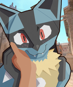 ambiguous_gender anthro blue_body blue_fur blush blush_lines cute_fangs duo fangs first_person_view fur hand_holding hand_on_cheek hand_on_hand looking_at_viewer petting red_eyes smile spikes spikes_(anatomy) tan_body tan_fur teeth lotnik5 counter-strike nintendo pokemon valve_corporation canid canine generation_4_pokemon human lucario mammal pokemon_(species) absurd_res bust_portrait hi_res lineless portrait shaded simple_shading