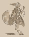 anthro barefoot belt clothed clothing coat eyewear feet female fluffy fluffy_tail fully_clothed fur goggles holding_object simple_background solo tail topwear quirachen melody_(aseethe) canid canine fennec_fox fox mammal true_fox signature