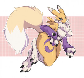 3_fingers 3_toes anthro armwear biped blue_eyes breasts bridal_gauntlets claws clothed clothed_anthro clothed_female clothing countershade_torso countershading dipstick_ears dipstick_tail ear_markings facial_markings featureless_breasts feet female finger_claws fingers front_view fur head_markings looking_at_viewer markings multicolored_ears neck_tuft simple_background solo tail tail_markings toe_claws toes tuft yellow_body yellow_fur mocha-wing bandai_namco digimon digimon_(species) renamon 2026 digital_drawing_(artwork) digital_media_(artwork) hi_res