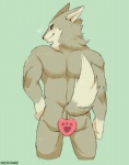 anthro blush butt butt_pose gloves_(marking) green_background hand_on_hip heart_symbol looking_at_viewer looking_back male markings muscular muscular_anthro muscular_male nude pose raised_tail rear_view seductive simple_background solo tail kemo_nuko canid canine mammal portrait three-quarter_portrait