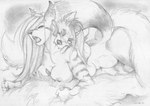 anthro bedding big_breasts blanket breast_grab breasts duo ear_piercing eyes_closed fangs female female/female hand_on_breast horn imposter looking_at_another lying moan nipples nude on_front piercing teeth sanssouci kaguya_(umpherio) sans_(sanssouci) ailurid demon hyena mammal red_panda monochrome sketch