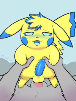anal anthro anthro_on_anthro anthro_on_bottom anthro_on_top anthro_penetrated balls blonde_hair blue_blush blue_ear_tips blue_eyes blue_hair_tips blue_nose blue_penis blue_tail_tip blush dipstick_ears dipstick_tail duo ear_markings ears_down feet first_person_view fleshlight_position fur genitals grey_body grey_fur hair hands_on_partner holding_hips looking_at_viewer looking_pleasured male male/male markings multicolored_ears on_top open_mouth penetration penis pivoted_ears size_difference smaller_penetrated smaller_top tail tail_markings teeth throbbing throbbing_penis tongue tongue_out yellow_body yellow_head milachu92 nintendo pokemon sparkchu tiberius_magnus domestic_cat felid feline felis generation_1_pokemon mammal pikachu pokemon_(species) 2026 3:4 absurd_res hi_res shaded watermark