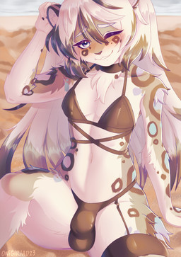 anthro bangs beach bikini black_bikini black_body black_clothing black_fur black_swimwear blue_body blue_eyes blue_fur blush bulge chest_tuft clothed clothing day detailed_background detailed_bulge eyebrow_through_hair eyebrows eyelashes femboy fur grey_body grey_fur hair humanoid_hands inner_ear_fluff long_hair looking_at_viewer male male_anthro midriff multicolored_hair one_eye_closed outside purple_body purple_fur red_blush sand sea seaside sitting skimpy skimpy_bikini smile solo swimwear thick_thighs translucent translucent_hair tuft two-piece_swimsuit two_tone_hair water white_body white_fur white_hair white_inner_ear_fluff wide_hips onigiriad kotowo felid mammal pantherine snow_leopard 2023 alternate_version_at_paywall clip_studio_paint_(artwork) digital_drawing_(artwork) digital_media_(artwork) hi_res shaded soft_shading watermark