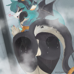 anthro anus big_butt blue_hair butt female genitals hair happy heart_symbol nails red_eyes shower solo vulva water wings mudakura mythology dragon mythological_creature mythological_scalie scalie 1:1 hi_res