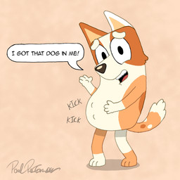 abdominal_bulge anthro asymmetrical_coloring asymmetrical_ears asymmetrical_feet belly big_belly brown_body brown_nose dialogue dipstick_tail female female_anthro fetal_kick fetal_movement fur gloves_(marking) hand_on_belly humor leg_markings markings on_model open_mouth open_smile orange_body orange_fur pink_background pregnant pregnant_anthro pregnant_female red_tongue simple_background smile socks_(marking) solo spots spotted_body spotted_fur standing tail tail_markings teeth text tongue white_body white_fur dogdrawler bluey_(series) brandy_cattle australian_cattle_dog canid canine canis cattledog domestic_dog herding_dog mammal pastoral_dog 1:1 2024 english_text
