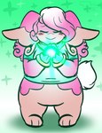 anthro audino drop_shadow female generation_5_pokemon glowing_orb gradient_background green_background hi_res magic melody_amaranth nintendo plus_sign pokemon pokemon_(species) simple_background solo super_lesbian_animal_rpg trans_(lore) trans_woman_(lore) winguthings