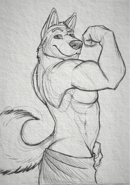 anthro closed_smile clothed clothing flexing_muscles glistening glistening_eyes looking_at_viewer male male_anthro mouth_closed muscular muscular_anthro muscular_male pecs pose side_view simple_background smile solo standing tail topless hufnaar canid canine mammal hi_res monochrome sketch
