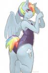 2014 anthro anthrofied blue_body blue_feathers blue_fur butt clothed clothing cutie_mark equid equine eyelashes feathered_wings feathers female friendship_is_magic fur hair hasbro hi_res looking_at_viewer mammal multicolored_hair my_little_pony mythological_creature mythological_equine mythology one-piece_swimsuit pegasus purple_eyes rainbow_dash_(mlp) rainbow_hair raspdraws simple_background solo sport_swimsuit swimwear the-rasp-b white_background wings