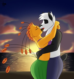 beak beakstick clothed clothing duo eyes_closed female french_kissing furgonomics kissing lipstick makeup male male/female romantic romantic_ambiance sea sunset water jamearts european_mythology greek_mythology mythology moegami_(stiban) stiban_(character) avian bear giant_panda mammal mythological_avian mythological_bird mythological_creature mythological_firebird phoenix digital_media_(artwork) story story_in_description
