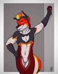 anthro black_body black_fur black_nose blonde_hair blue_eyes cheek_tuft doorway facial_tuft fangs featureless_crotch fur hair looking_at_viewer male multicolored_body multicolored_fur multicolored_tail navel orange_body orange_fur orange_hair orange_tail red_body red_fur smile solo tail teeth tuft white_body white_fur white_inner_ear white_tail yellow_body yellow_fur yellow_tail adognamedkayne irhileth kayne animated short_playtime