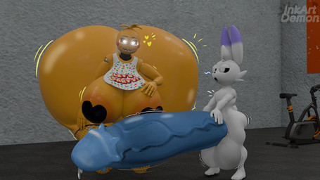 anthro apron balls beakless big_balls big_breasts big_butt big_penis breasts butt clothing duo female genitals heart_symbol huge_breasts huge_butt huge_penis hyper hyper_butt hyper_genitalia hyper_penis machine male penis white_body white_eyes yellow_body inkartistdemon axylpups_(modeler) five_nights_at_freddy's five_nights_at_freddy's_2 scottgames lok_bunny toy_chica_(fnaf) animatronic avian bird chicken galliform lagomorph leporid mammal phasianid rabbit robot 16:9 widescreen