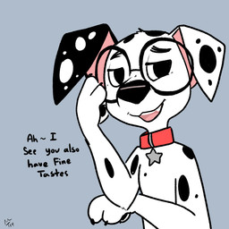 black_ears black_eyewear black_glasses black_nose black_spots collar eyewear feral fur glasses heterochromatic_ears male red_collar semi-anthro solo spots star toony white_body white_fur white_spots mt 101_dalmatian_street 101_dalmatians disney dylan_(101_dalmatians) canid canine canis dalmatian domestic_dog mammal 1:1 hi_res