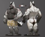 anthro big_butt black_body black_fur butt clothing fur hair male multicolored_body multicolored_fur musclegut muscular muscular_anthro muscular_male nude red_eyes scar simple_background tail thick_thighs white_body uriex adrian_(uriex) canid canine canis mammal wolf 2023 hi_res