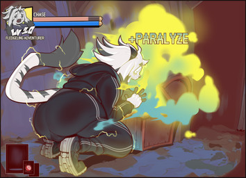 anthro clothing detailed_background footwear gameplay_mechanics gui health_bar male paralysis shoes solo status_effect trap_(contrivance) treasure_chest submarine_screw chase_(shootysylveon) felid hybrid lagomorph leporid mammal pantherine rabbit tiger hi_res