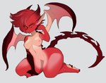 breasts butt female grey_background hair horn kneeling membrane_(anatomy) membranous_wings nipples non-mammal_breasts non-mammal_nipples nude orange_eyes red_hair short_hair simple_background solo tail thick_thighs wings kanel mythology dragon mythological_creature mythological_scalie scalie digital_media_(artwork) full-length_portrait portrait