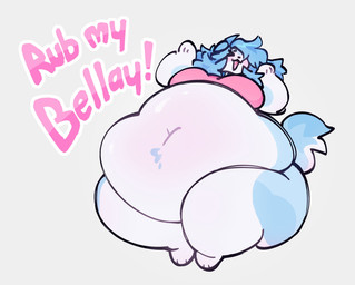 >_< anthro belly belly_blush big_belly big_breasts blue_body blue_collar blue_fur blush body_blush breasts clothing collar eyes_closed female fur huge_belly hyper hyper_belly navel open_mouth overweight overweight_female paws pink_clothing pink_topwear simple_background solo text topwear white_background white_belly white_body white_fur dogidough canid canine mammal english_text handwritten_text hi_res