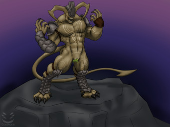 andromorph anthro armor big_clitoris bodily_fluids claws clitoris genital_fluids genitals glowing glowing_genitalia glowing_vulva horn intersex markings muscular muscular_andromorph muscular_intersex open_mouth pelvic_thrust presenting presenting_vulva solo vaginal_fluids vulva corinoch_(artist) demon 4:3 hi_res