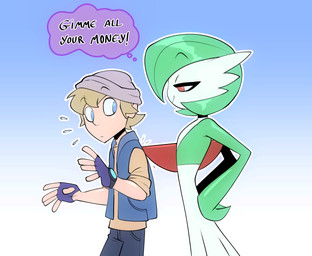 ambiguous_gender beanie chest_spike clock clothing dialogue duo eyebrow_through_hair eyebrows fingerless_gloves gloves hair handwear hat headgear headwear male spikes spikes_(anatomy) telepathy text translucent translucent_hair watch wristwatch bigdad nintendo pokemon pokemon_trainer gardevoir generation_3_pokemon human mammal pokemon_(species) english_text