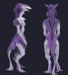 ambiguous_gender anthro arm_tuft barefoot biped countershading digitigrade feet fur multicolored_body multicolored_fur neck_tuft nude open_mouth purple_body purple_fur purple_neck purple_tail rear_view shoulder_tuft side_view smile solo standing tail tail_tuft tuft two_tone_body two_tone_fur white_body white_countershading white_fur white_tail akrolayn mammal sergal 2020 digital_media_(artwork) digital_painting_(artwork) full-length_portrait hi_res portrait shaded