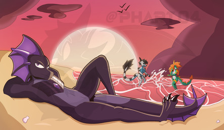 anthro beach cloud dark_body female green_body group joking light male sand sheel sky sunlight sunset trio water wet wet_body white_body phunter15 mythology jade_(phunter15) phunter venasen_(venasen) dragon mythological_creature mythological_scalie scalie hi_res