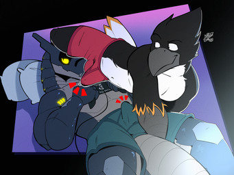 anthro bodily_fluids boxer_briefs clothed clothing controller duo electronics feathers game_controller gaming genital_fluids holding_object lying machine male male/male partially_clothed pillow playing_video_game red_boxer_briefs red_clothing red_underwear simple_background tail underwear yellowluster android avian bird robot synth_(vader-san) 2023 4:3 digital_media_(artwork) hi_res