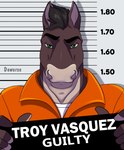 anthro brown_body clothed clothing front_view green_eyes grin hair holding_object holding_sign inmates_clothing jail_placard looking_at_viewer male mugshot muscular muscular_anthro muscular_male number orange_jumpsuit placard prison prison_uniform prisoner sign smile solo standing text topwear uniform deworse troy_vasquez equid equine horse mammal absurd_res digital_media_(artwork) english_text hi_res