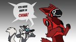 anthro biped blue_eyes claws dialogue duo exclamation_point eyebrows fur grey_body grey_fur humor machine male open_mouth paws red_body red_fur simple_background speech_bubble standing text visor yelling zillion_ross canid canine mammal protogen 16:9 2019 digital_media_(artwork) english_text hi_res widescreen