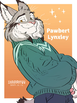 anthro biped blush bottomwear clothed clothed_anthro clothed_male clothing dipstick_tail fur grey_body grey_fur looking_at_viewer male male_anthro markings pants pose smile solo sparkles standing sweater tail tail_markings text three-quarter_view topwear whiskers ihara_yuu disney zootopia pawbert_lynxley canada_lynx felid feline lynx mammal 2025 3:4 absurd_res artist_name character_name dated digital_drawing_(artwork) digital_media_(artwork) english_text flat_colors hi_res portrait three-quarter_portrait