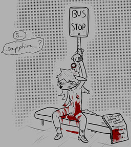 amputated anthro bench blood bodily_fluids bound breasts bruised bus_stop bus_stop_sign clothing corpse cuff_(restraint) death dialogue female footwear genitals gore hair handcuffs high_heels long_hair metal_cuffs missing_arm missing_limb offscreen_character outside public question_mark restraints shoes sidewalk snuff tail text vulva wounded din_934 sapphira_(lewdles) arctic_fox canid canine fox mammal true_fox halftone handwritten_text