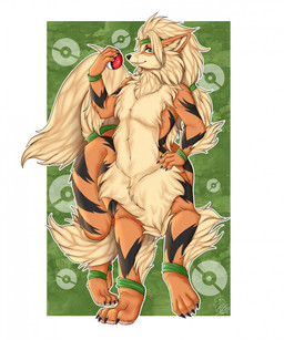 accessory black_stripes border countershading fur hair hand_on_hip headband holding_object holding_pokeball looking_at_viewer male orange_body orange_fur pokeball smile smiling_at_viewer solo stripes tan_body tan_countershading tan_hair white_border fattydoggo nintendo pokemon arcanine generation_1_pokemon pokemon_(species) pokemon_taur taur 2026 hi_res